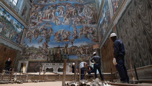 Sistine Chapel and installation of the chimney before the start of the conclave on May 7, 2025