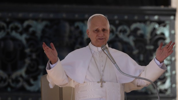 Pope Leo XIV during his weekly general audience in St. Peter's square at the Vatican on November 05, 2025.