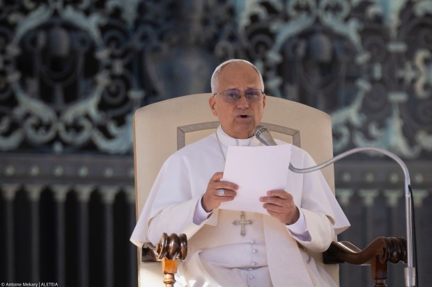 Pope Leo XIV during his weekly general audience in St. Peter's square at the Vatican on November 05, 2025.