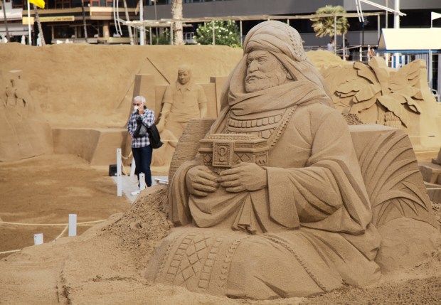 Las Palmas de Gran Canaria, Spain - December 13: Details of Belen de Arena, Nativity scenes made of sand on Las Canteras town beach, December 13, 2021