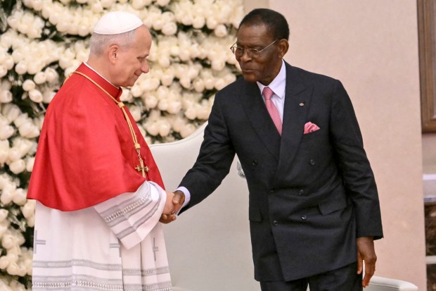 pope-leo-xiv-equatorial-guinea's-president-teodoro-obiang-nguema-mbasogo-presidential-palace-malabo-africa