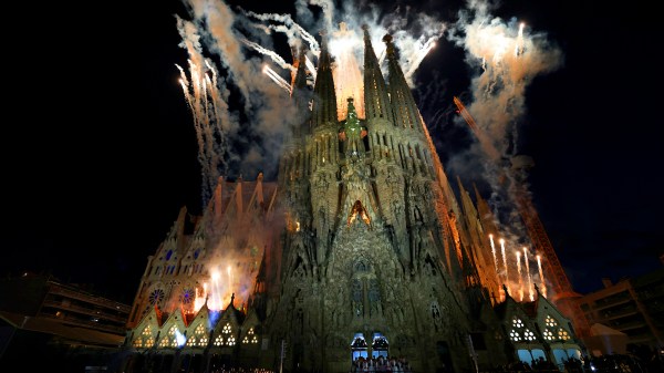 fireworks during the inauguration of Jesus Christ tower by Pope Leo XIV in the Basilica of the Sagrada Familia