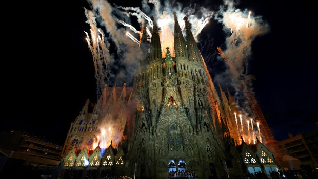 fireworks during the inauguration of Jesus Christ tower by Pope Leo XIV in the Basilica of the Sagrada Familia