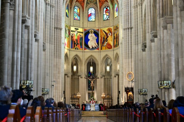 Pope Leo XIV leads a prayer to Our Lady of Almudena at the Cathedral of the Holy Mary of Almudena in Madrid