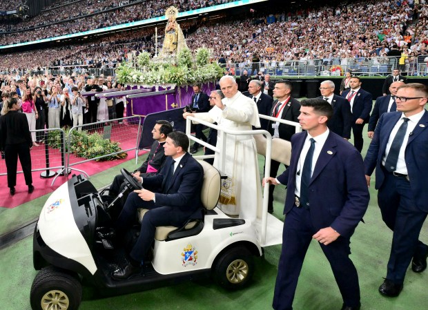 Pope Leo XIV arrives at Real Madrid's Santiago Bernabeu stadium in Madrid