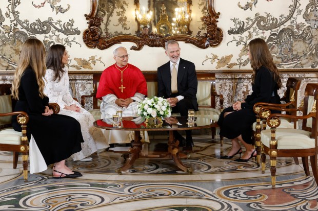 This handout photo taken and released on June 6, 2026 by Spain's Casa Real (Spanish Royal Palace) shows Pope Leo XIV meeting with Spain's Felipe VI (2R), Queen Letizia (2L), Crownb Princess Leonor (R) and Princess Sofia (L) at the Royal Palace in Madrid. Pope Leo XIV is visiting Spain June 6-12 with stops in Madrid, Barcelona, and the Canary Islands, where he will meet with migrants and organisations dedicated to helping them.